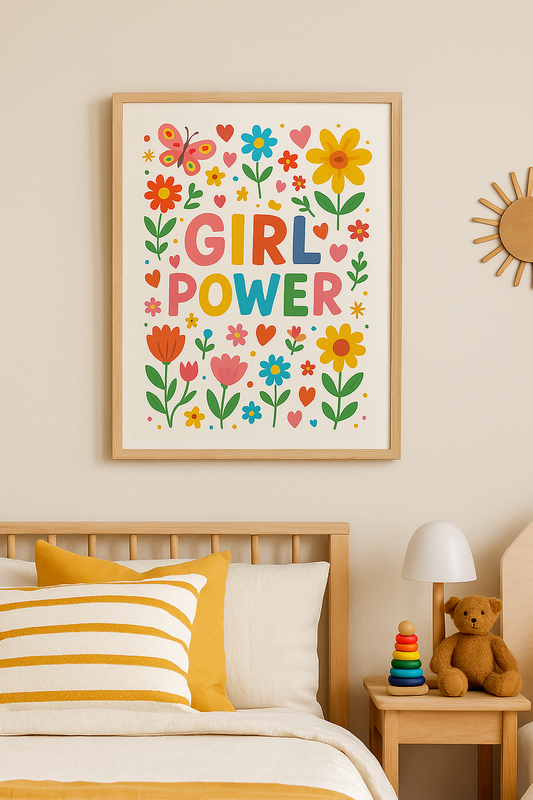 Girl Power Rainbow Wall Art – Floral Print for Kids’ Rooms & Nurseries