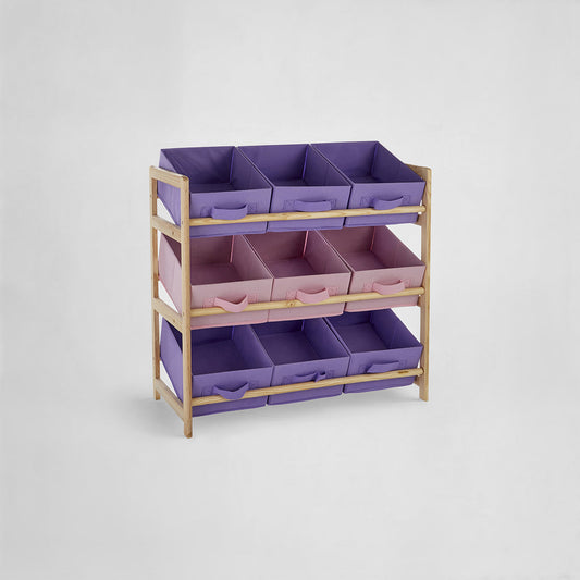 9 Canvas Tubs Kids Storage Unit – Wooden Frame with Pink & Purple Bins