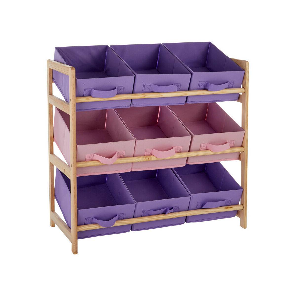 9 Canvas Tubs Kids Storage Unit – Wooden Frame with Pink & Purple Bins