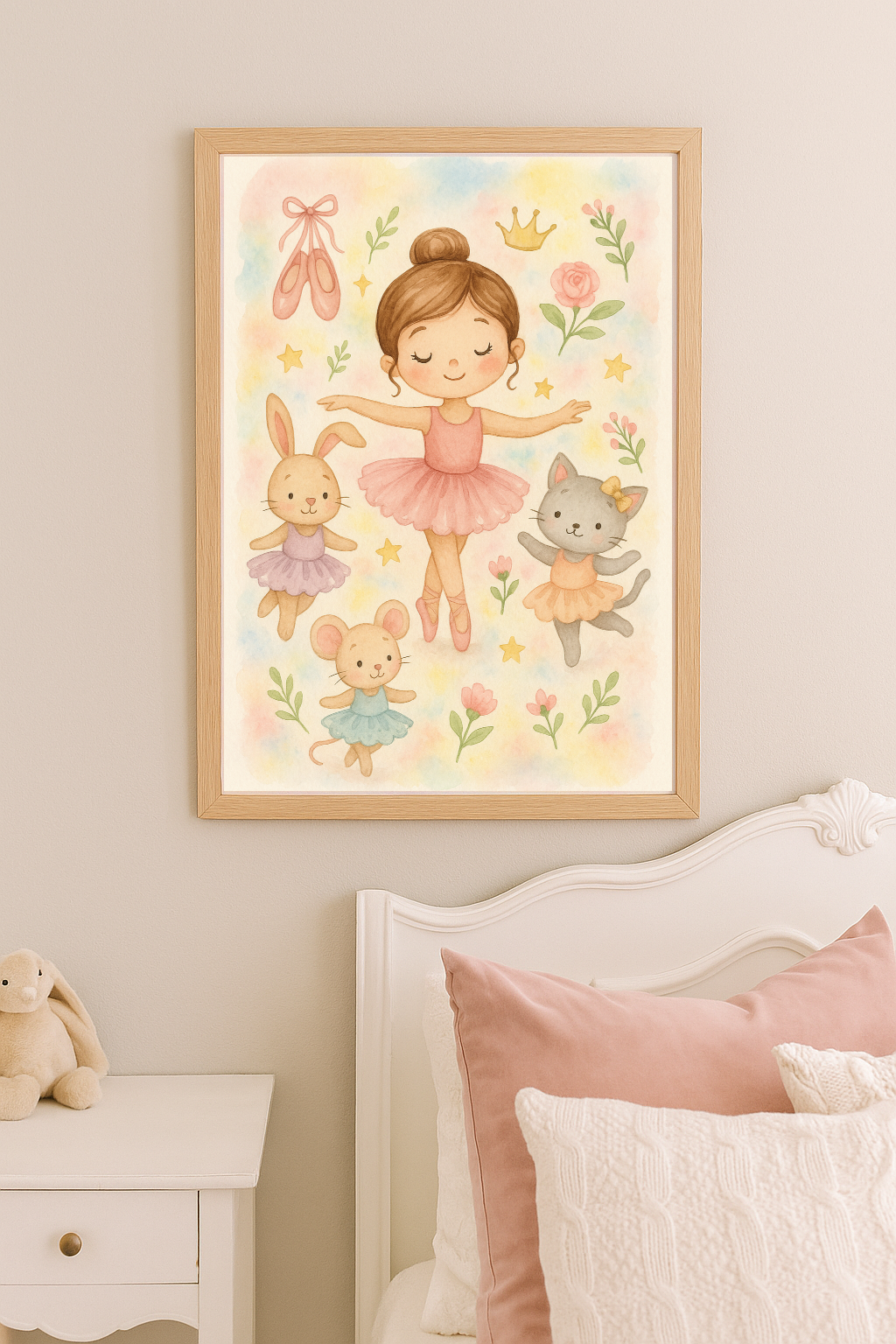 Ballerina Girl Wall Art – Ballet Friends Print with Bunny, Cat & Mouse for Kids