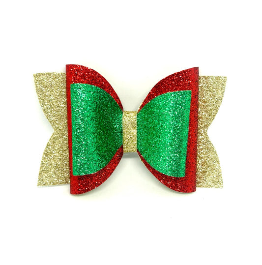 Festive Red, Green & Gold Christmas Hair Bow – 4"x2.5" Clip