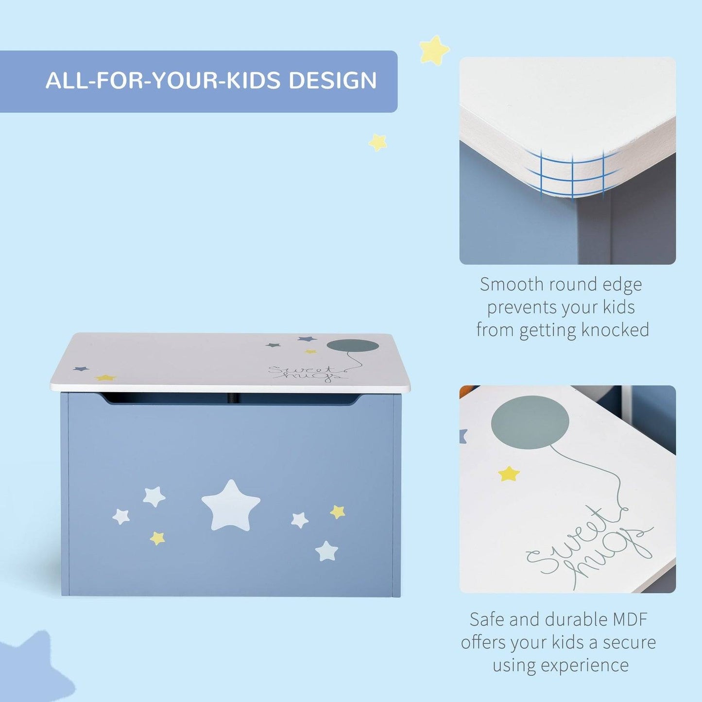 Kids Wooden Toy Box – Blue Storage Chest with Safety Lid & Handles