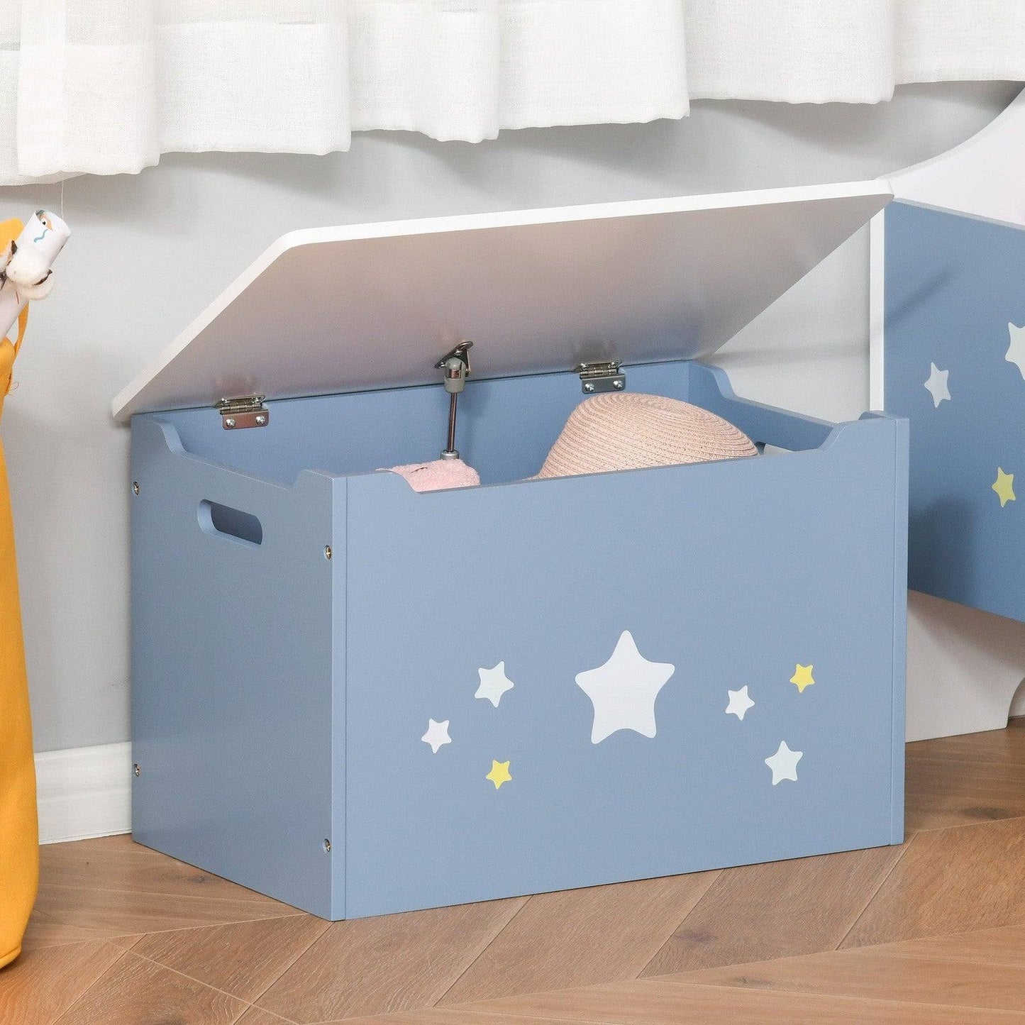 Kids Wooden Toy Box – Blue Storage Chest with Safety Lid & Handles