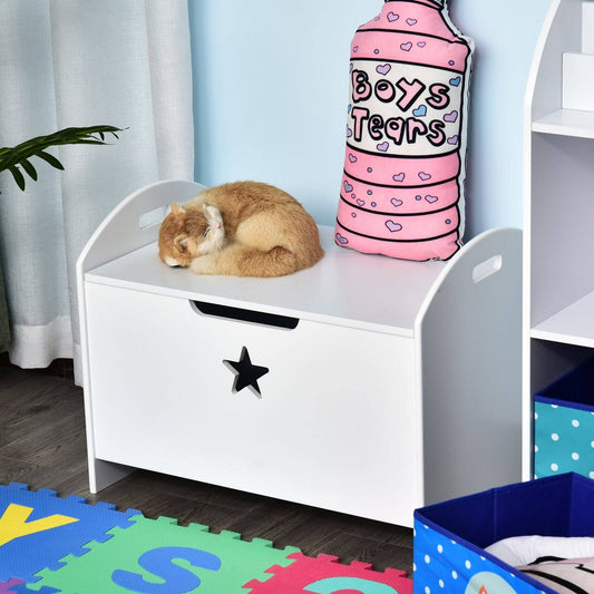 White Wooden Kids Toy Box – Storage Chest with Safety Hinge & Star Detail