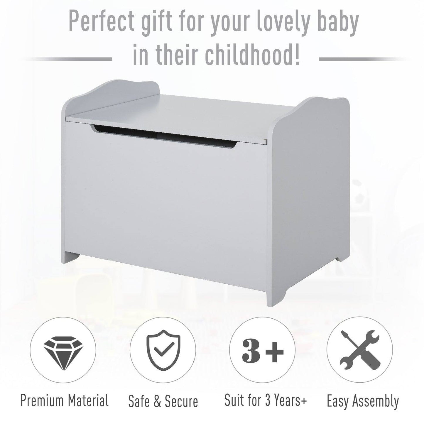 Grey Wooden Kids Toy Box – Storage Chest with Safety Hinge