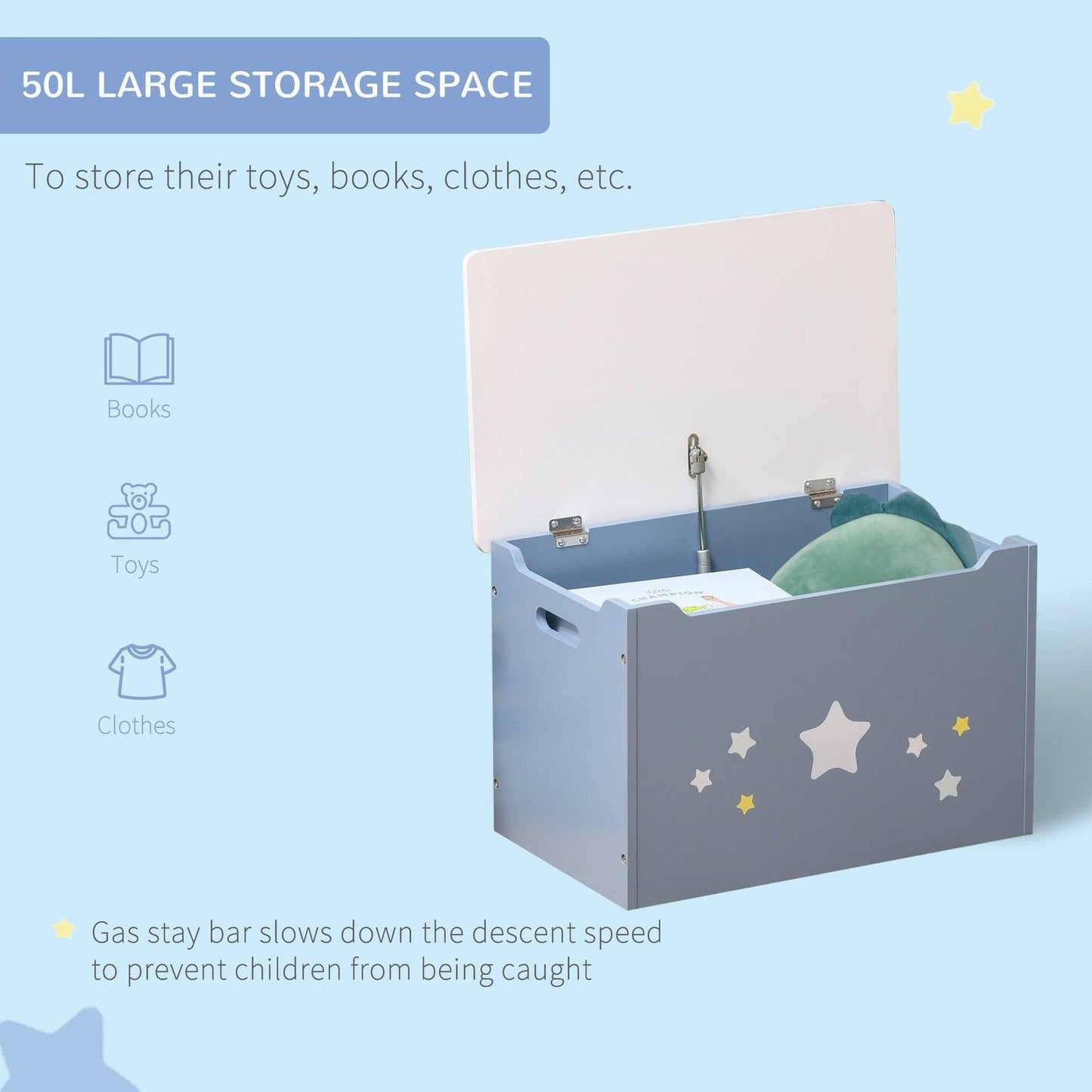 Kids Wooden Toy Box – Blue Storage Chest with Safety Lid & Handles