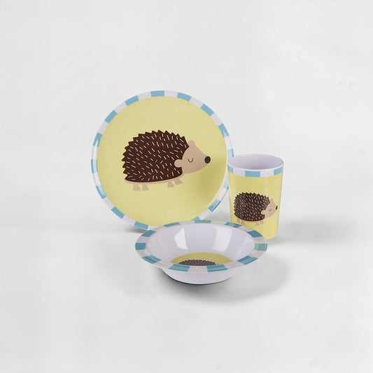 Children's dinner set with hedgehog design on a white background