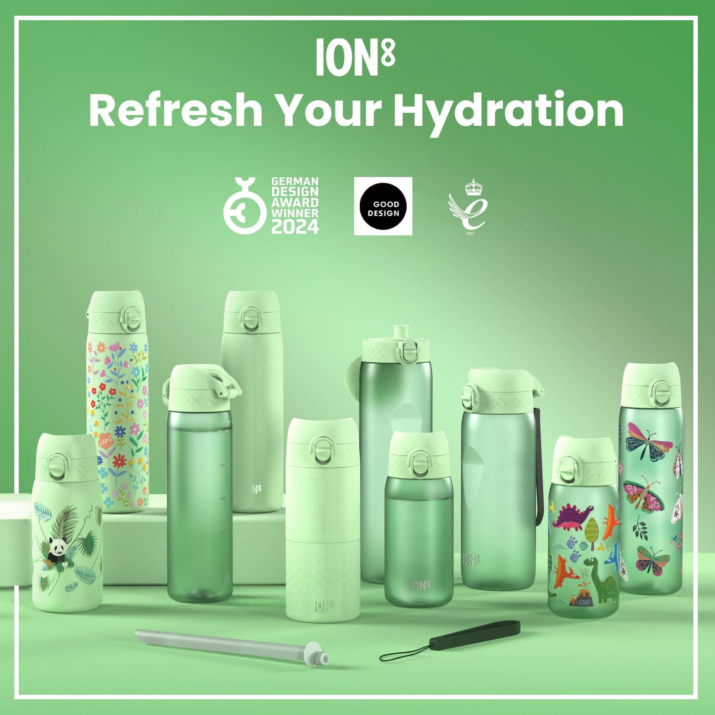Collection of green hydration bottles with floral designs on a green background, featuring the ION8 brand.