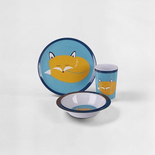 Children's dinner set with fox design on a white background