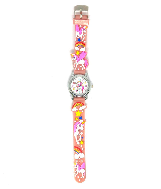Children's watch with a colorful unicorn-themed strap on a white background
