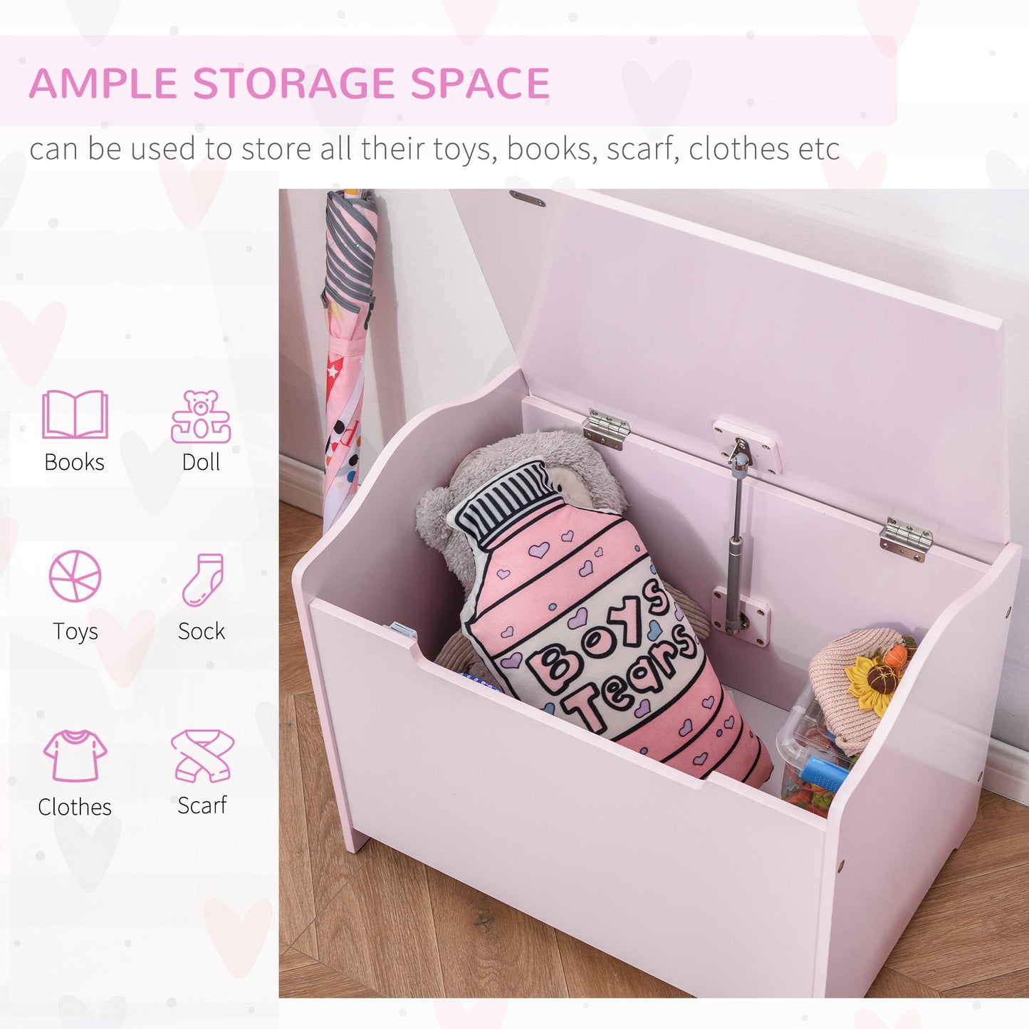 Pink Wooden Kids Toy Box – Safety Hinge Storage Chest for Toys & Books