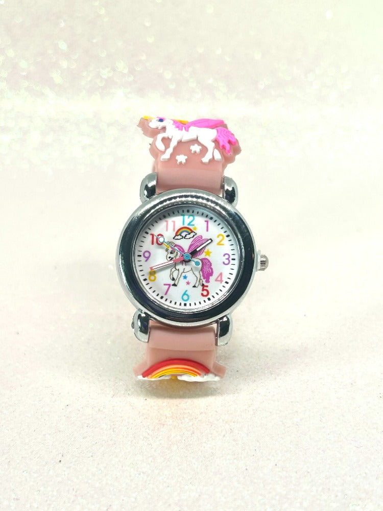 Children's watch with a pink strap featuring a unicorn design on a white background