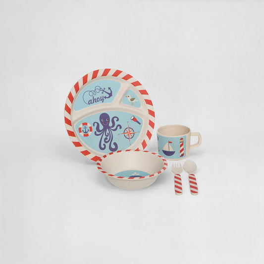 Eden Kids Pirate Dinner Set – 5Pc Bamboo Plate, Bowl & Cutlery