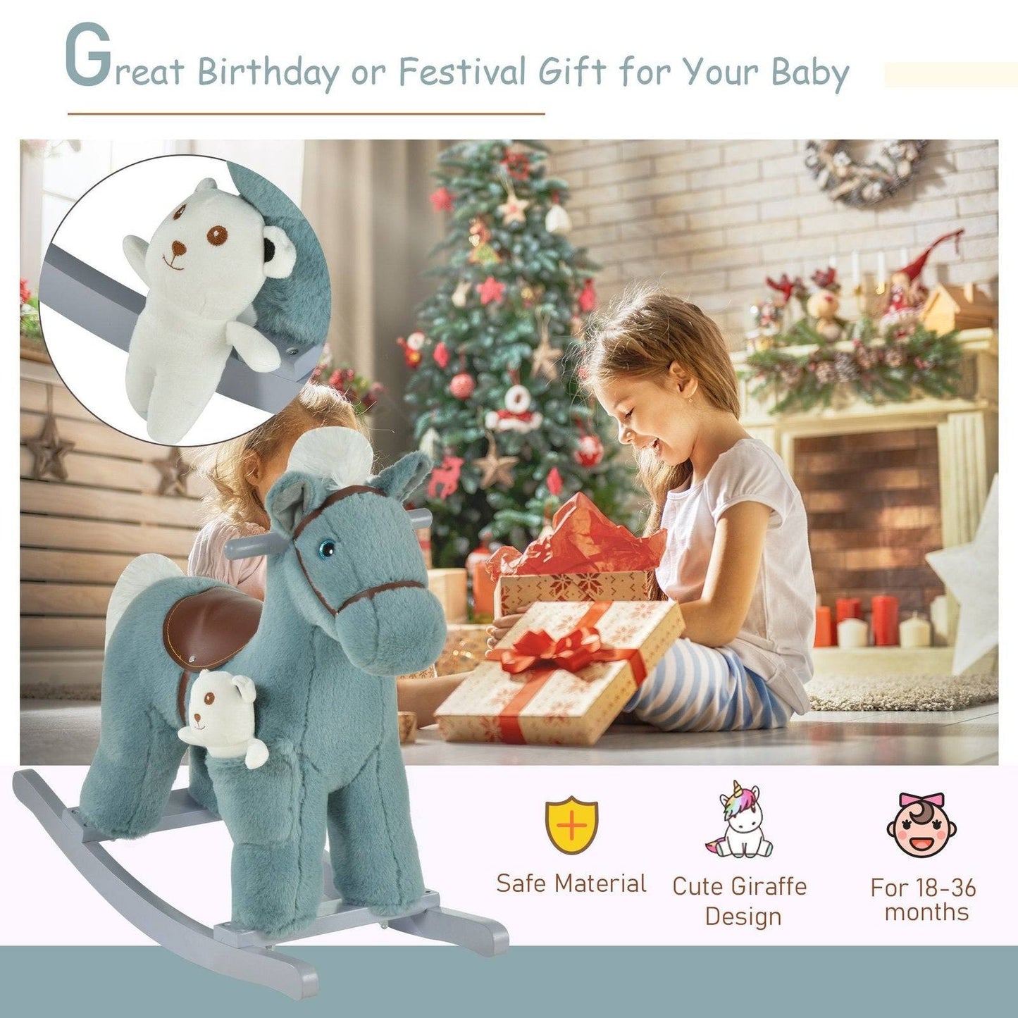 Plush Blue Rocking Horse with Sounds & Toy Bear (18–36 Months
