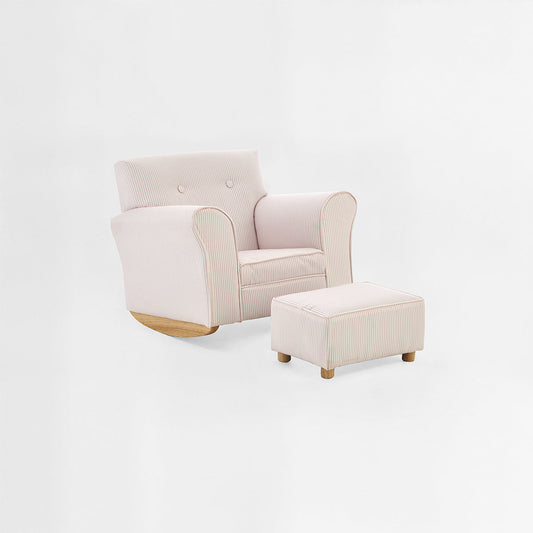 Kids Pink & White Stripe Rocker with Footstool – Upholstered Seat on Wooden Base