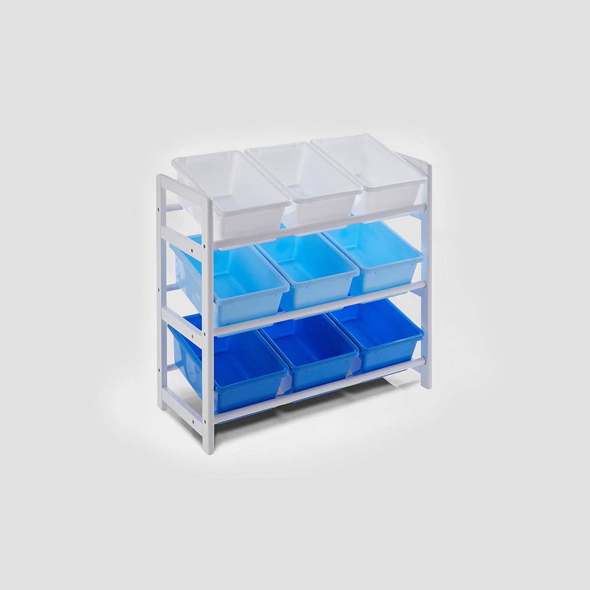Three Tier Kids Storage Unit – White & Blue Toy Organizer with Bins