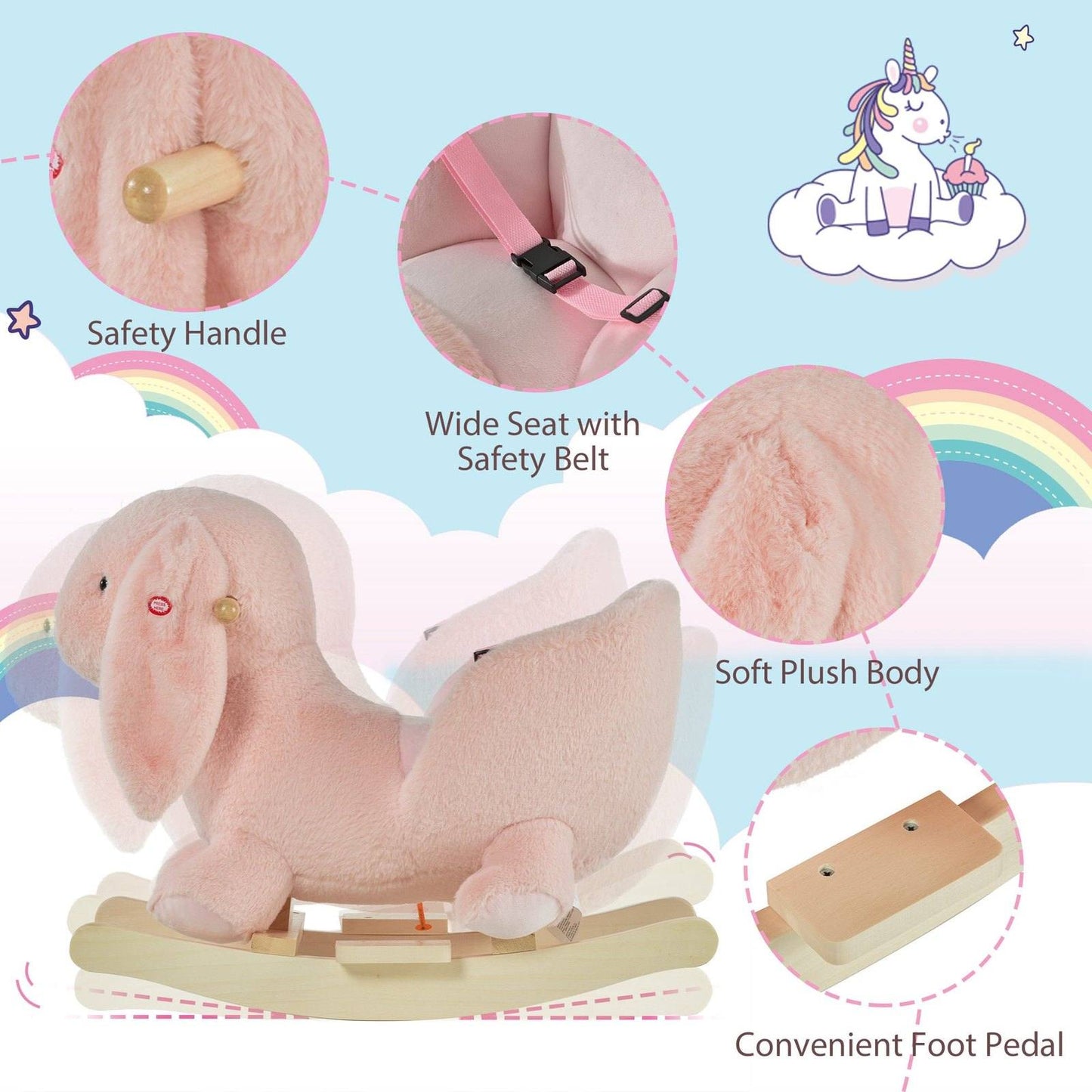Plush Rabbit Rocking Ride-On Toy with Sound & Safety Belt – Pink
