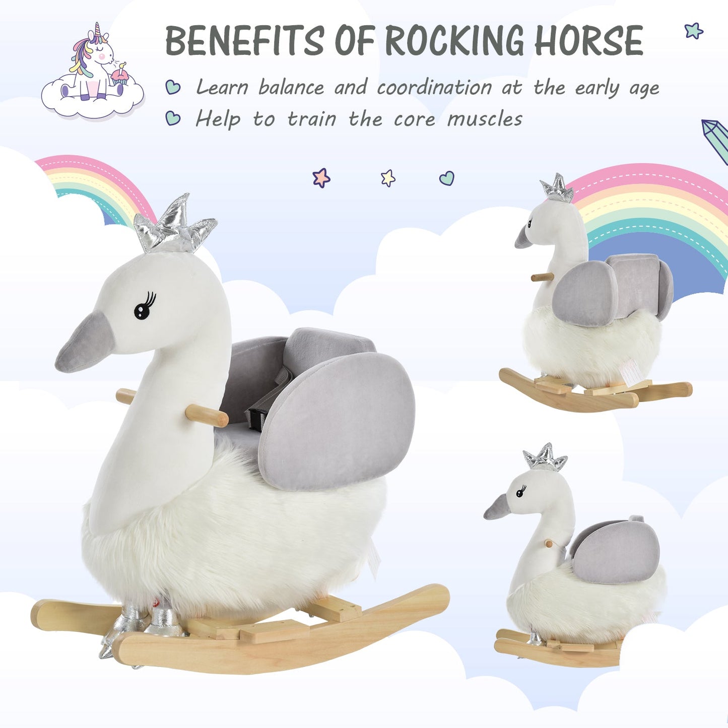 Plush Swan Rocking Ride-On Toy with Sound – White & Grey