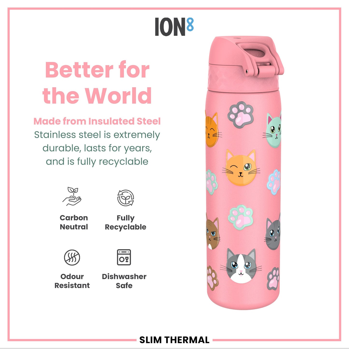 ION8 Cats Leak-Proof Thermal Steel Water Bottle – 500ml