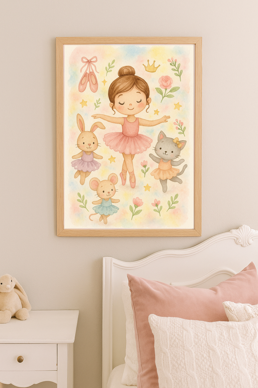Ballerina Girl Wall Art – Ballet Friends Print with Bunny, Cat & Mouse for Kids