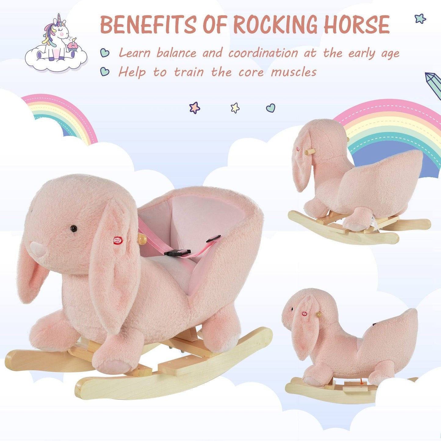 Plush Rabbit Rocking Ride-On Toy with Sound & Safety Belt – Pink