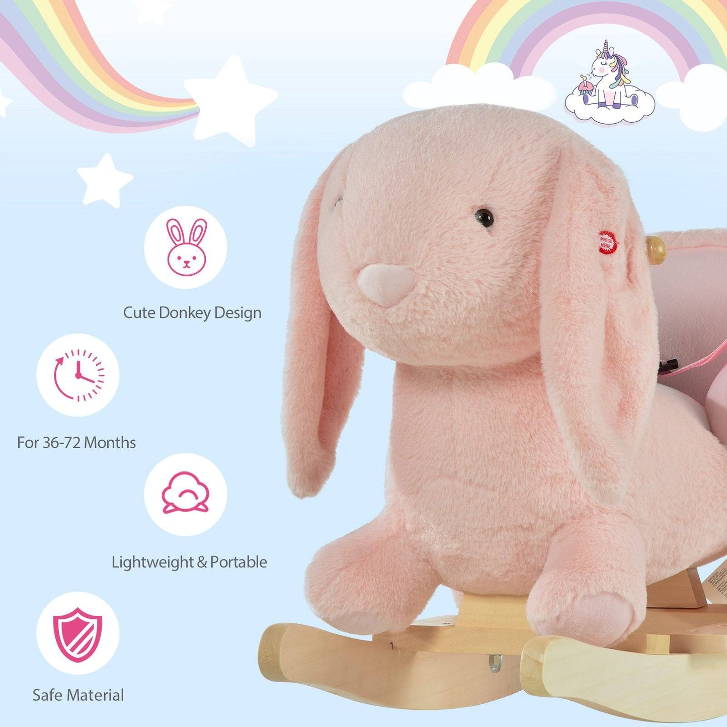 Plush Rabbit Rocking Ride-On Toy with Sound & Safety Belt – Pink