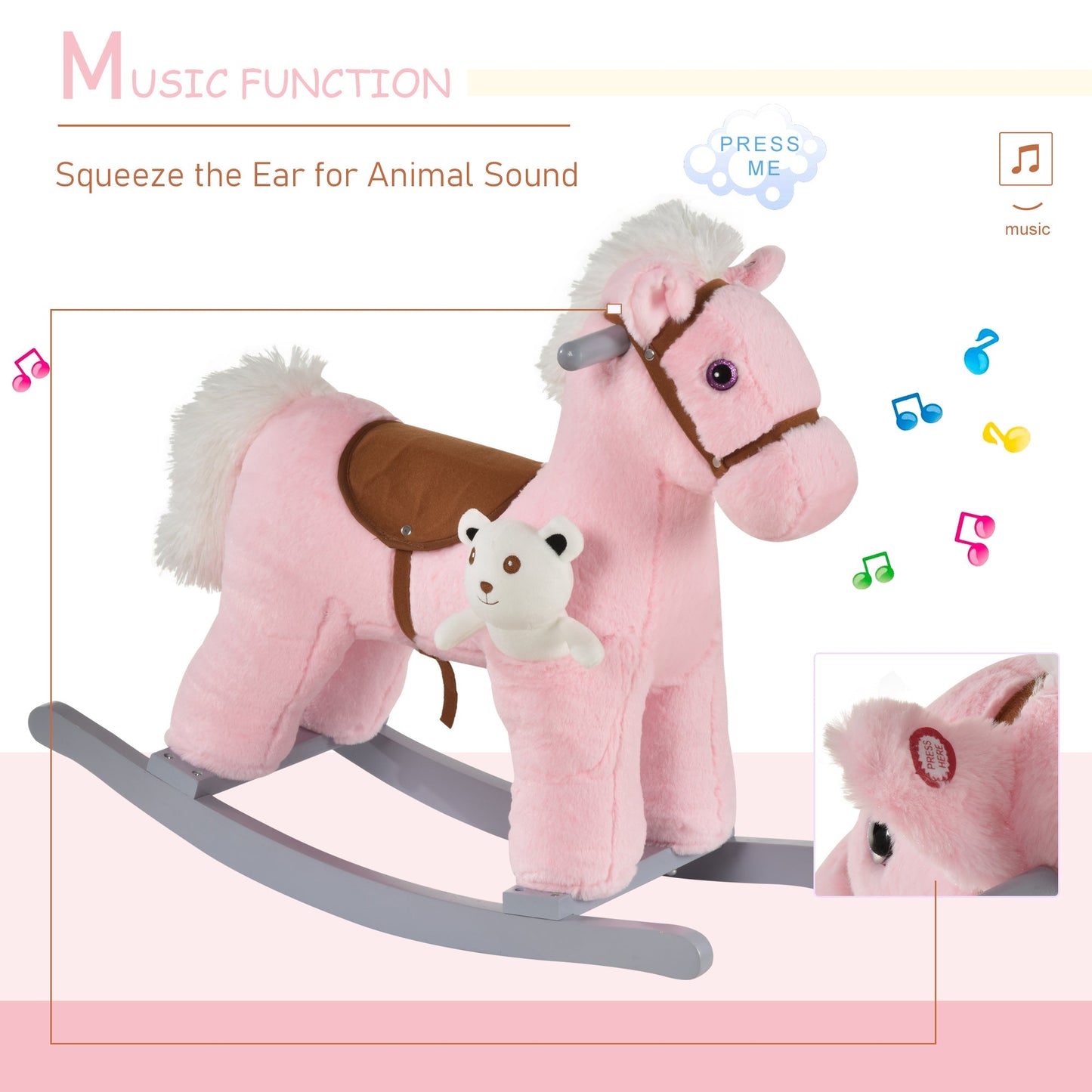 Plush Ride-On Rocking Horse with Sounds – Pink (18–36 Months)