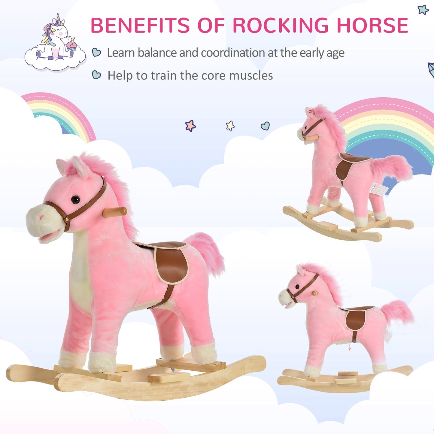 Pink Plush Rocking Horse Toy with Sound, Moving Mouth & Tail – HOMCOM
