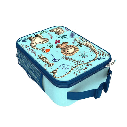 Lunch box with lion design on a light blue background