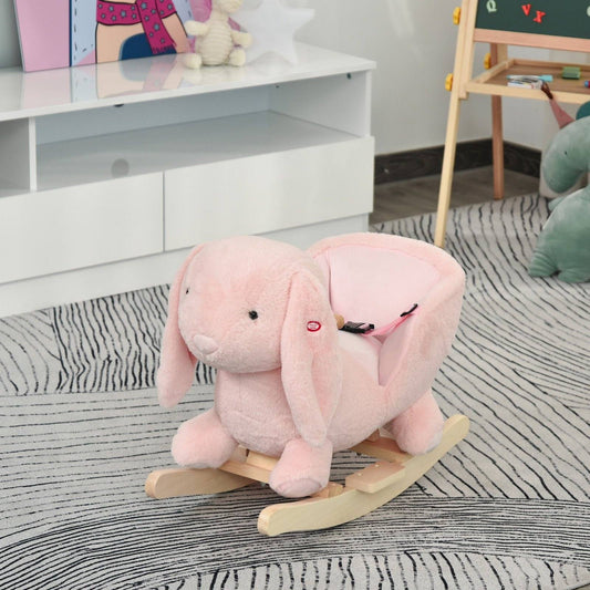 Plush Rabbit Rocking Ride-On Toy with Sound & Safety Belt – Pink