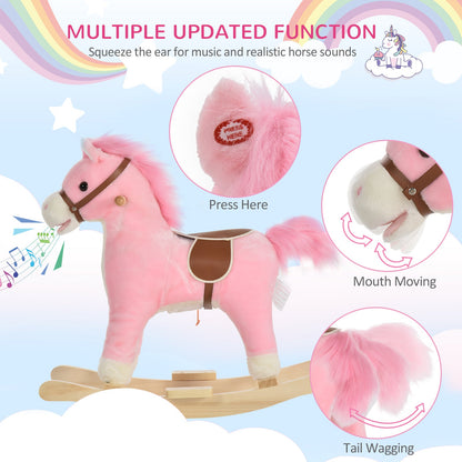 Pink Plush Rocking Horse Toy with Sound, Moving Mouth & Tail – HOMCOM