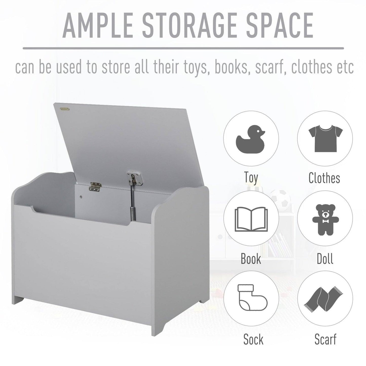 Grey Wooden Kids Toy Box – Storage Chest with Safety Hinge