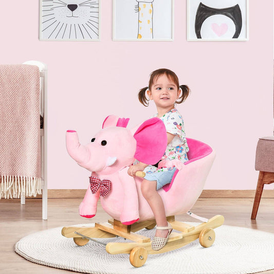 2-in-1 Plush Elephant Rocker with Wheels & 32 Songs – Pink
