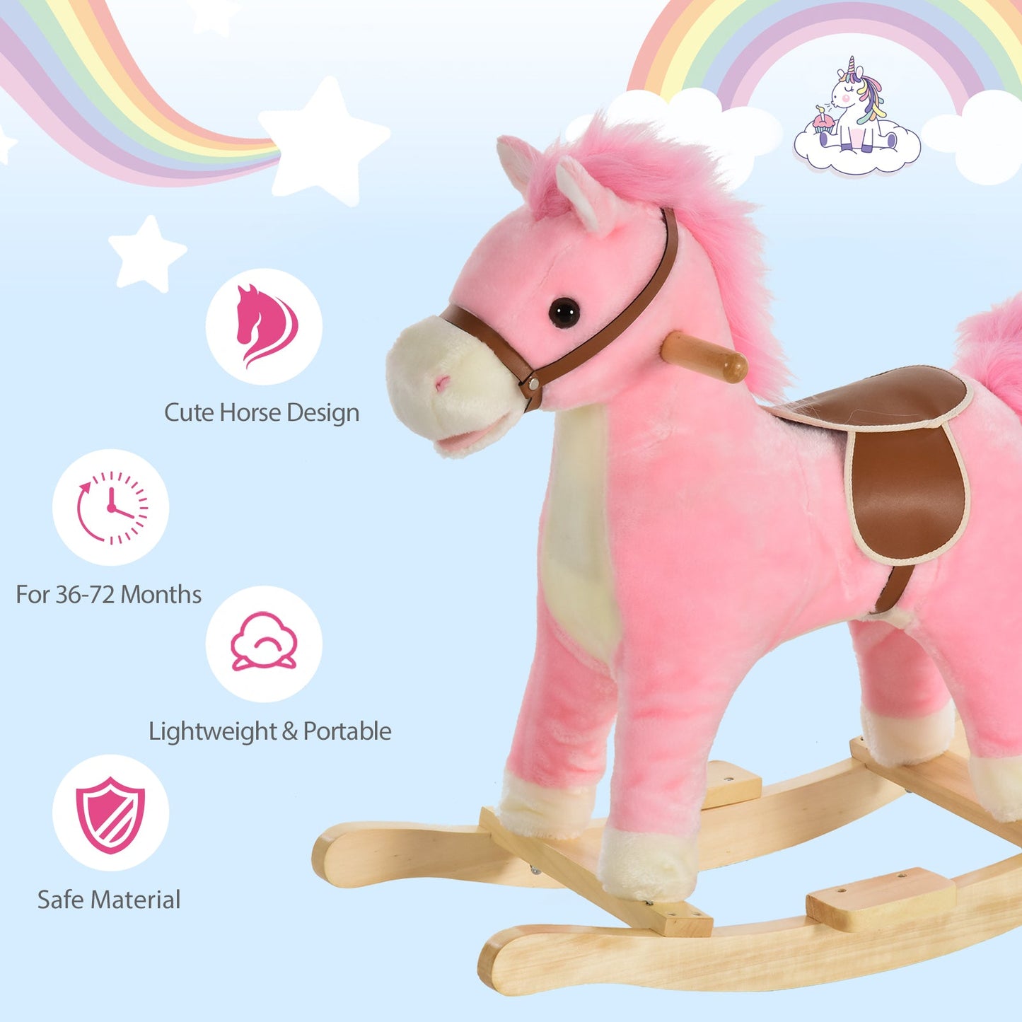 Pink Plush Rocking Horse Toy with Sound, Moving Mouth & Tail – HOMCOM