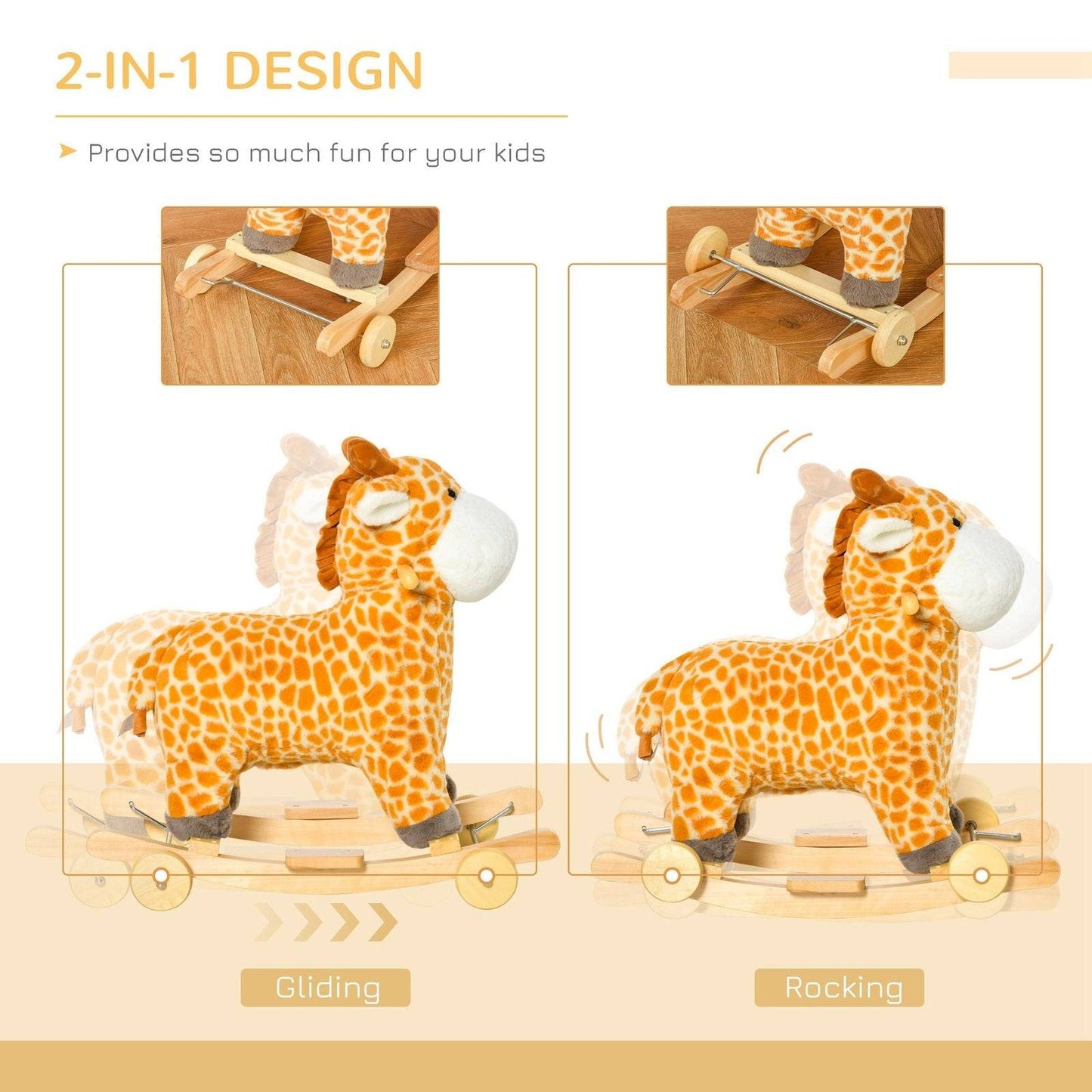 2-in-1 Giraffe Rocking Horse with Wheels & Sounds (Ages 3–6)