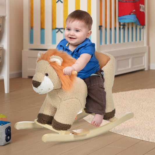 Plush Lion Rocking Horse Ride-On Toy with Sound & Safety Belt – HOMCOM
