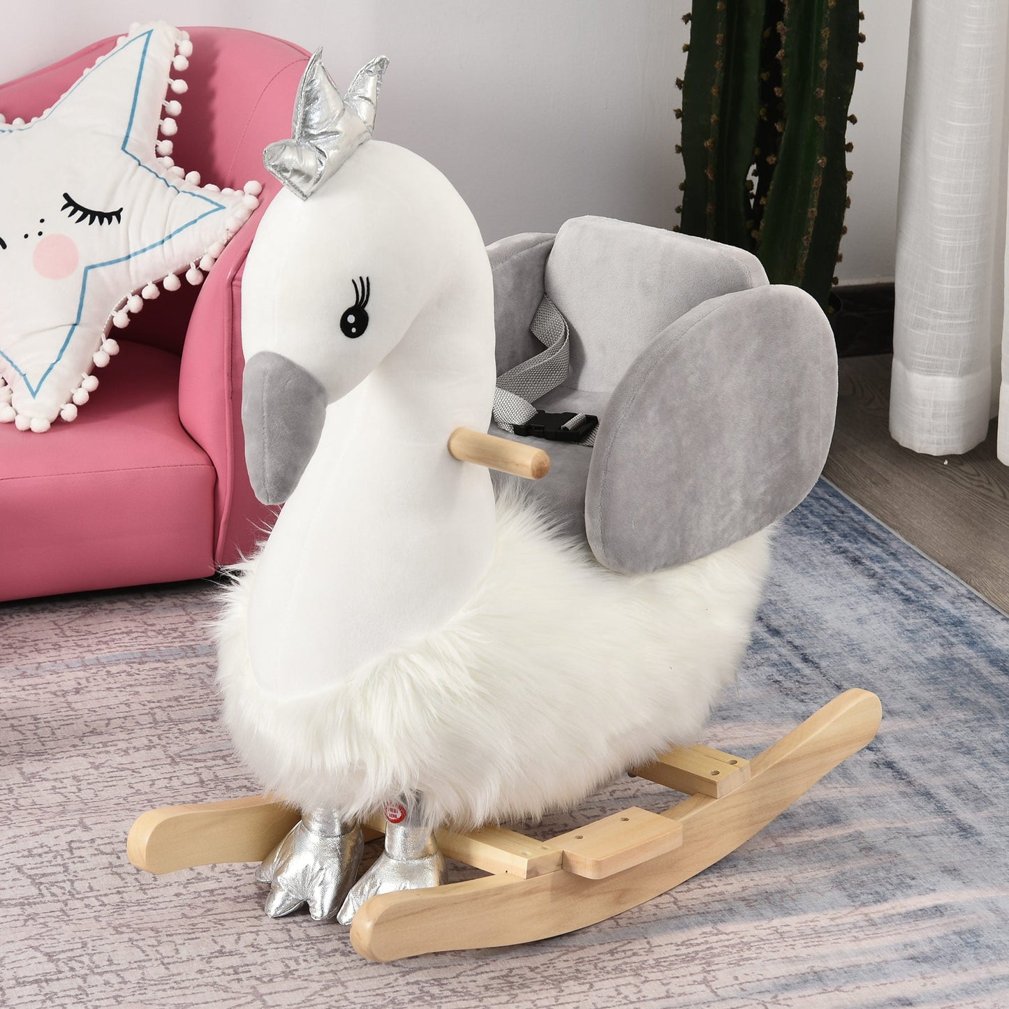 Plush Swan Rocking Ride-On Toy with Sound – White & Grey