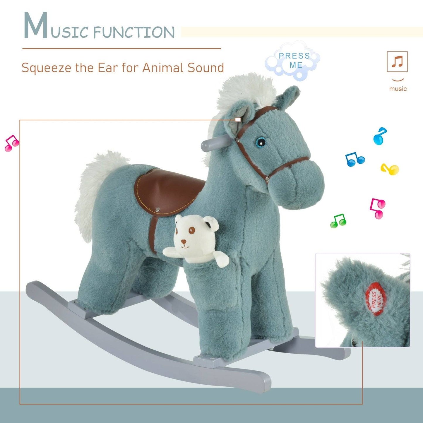 Plush Blue Rocking Horse with Sounds & Toy Bear (18–36 Months