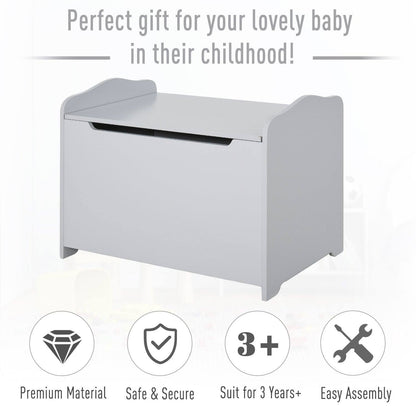 Grey Wooden Kids Toy Box – Storage Chest with Safety Hinge