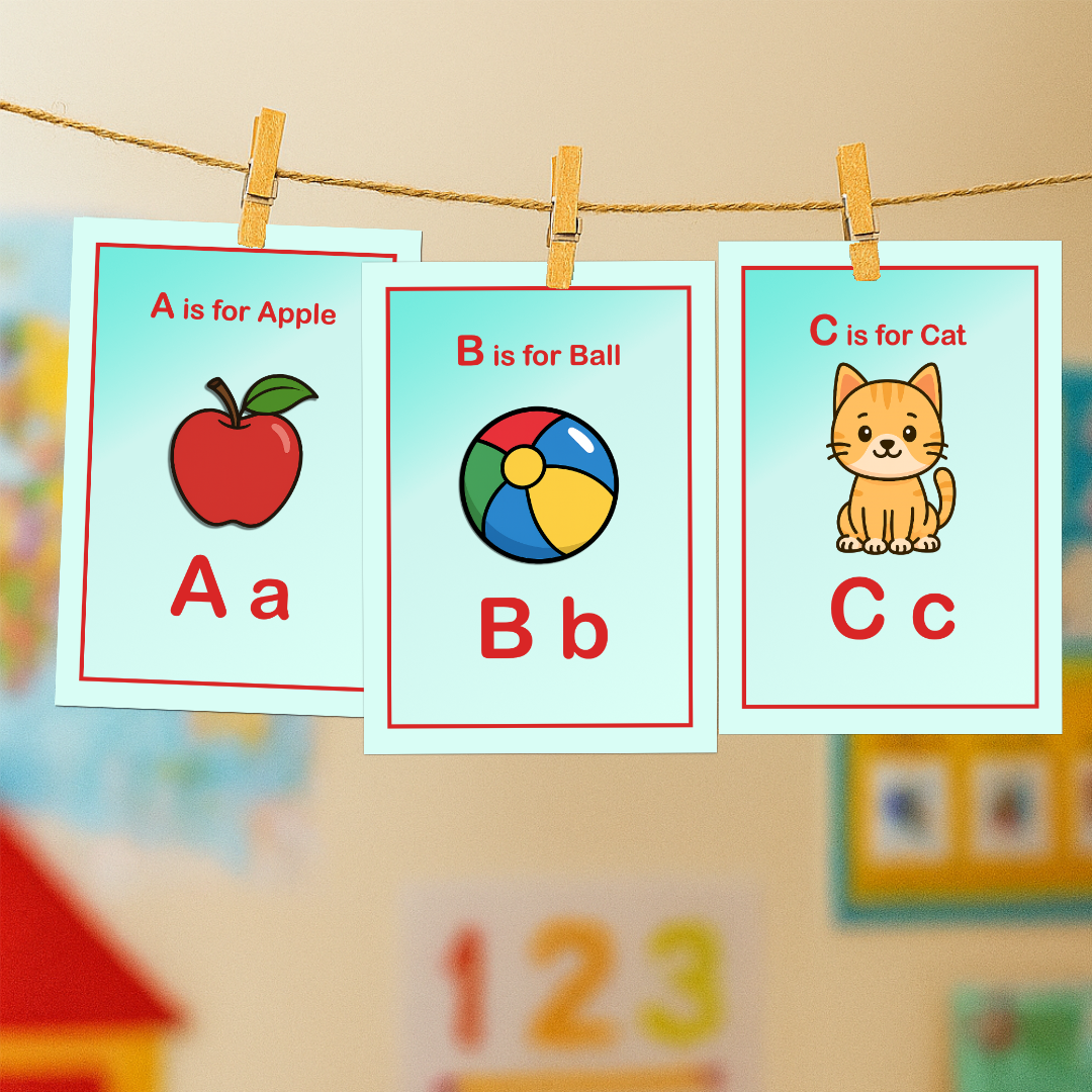 Three educational flashcards with letters and pictures hanging on a line.