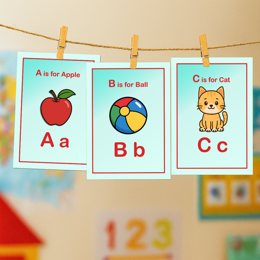 Three educational flashcards with letters and pictures hanging on a line.