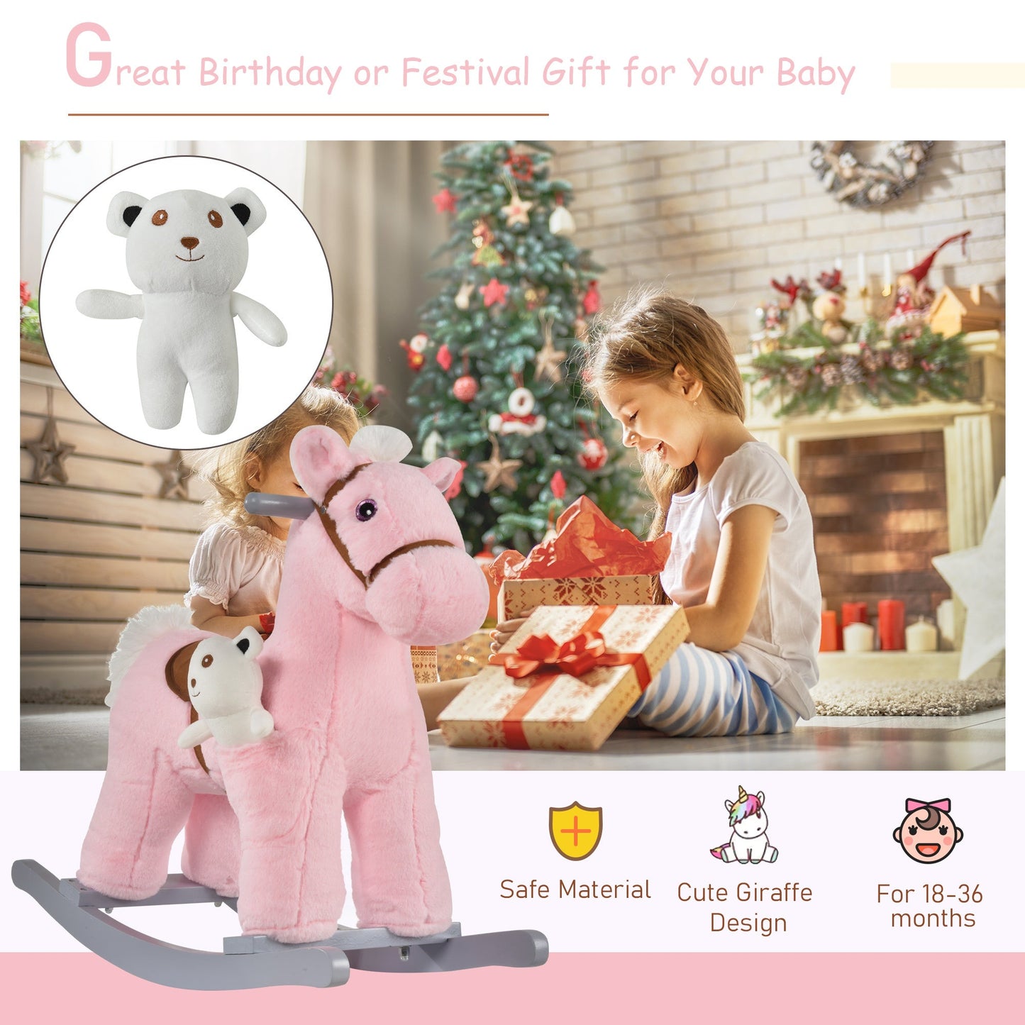 Plush Ride-On Rocking Horse with Sounds – Pink (18–36 Months)