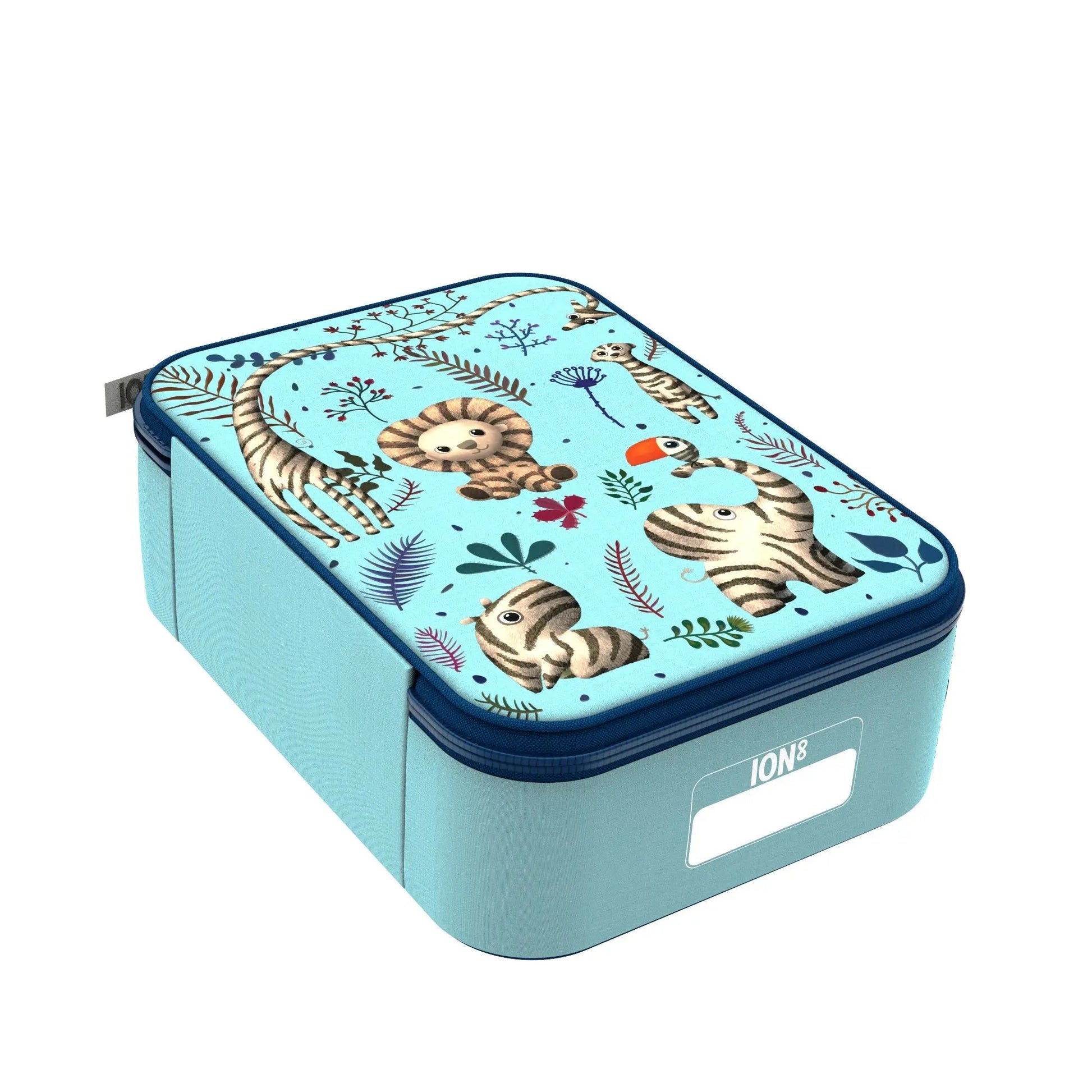 Rectangular lunch box with lion design on a light blue background