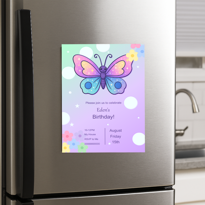 Butterfly-themed birthday invitation on a refrigerator door