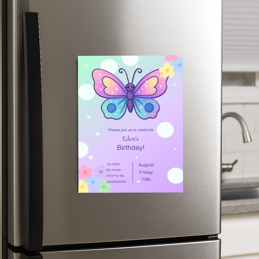 Butterfly-themed birthday invitation on a refrigerator door