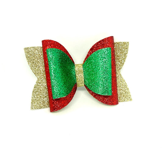 Festive Red, Green & Gold Christmas Hair Bow – 4"x2.5" Clip