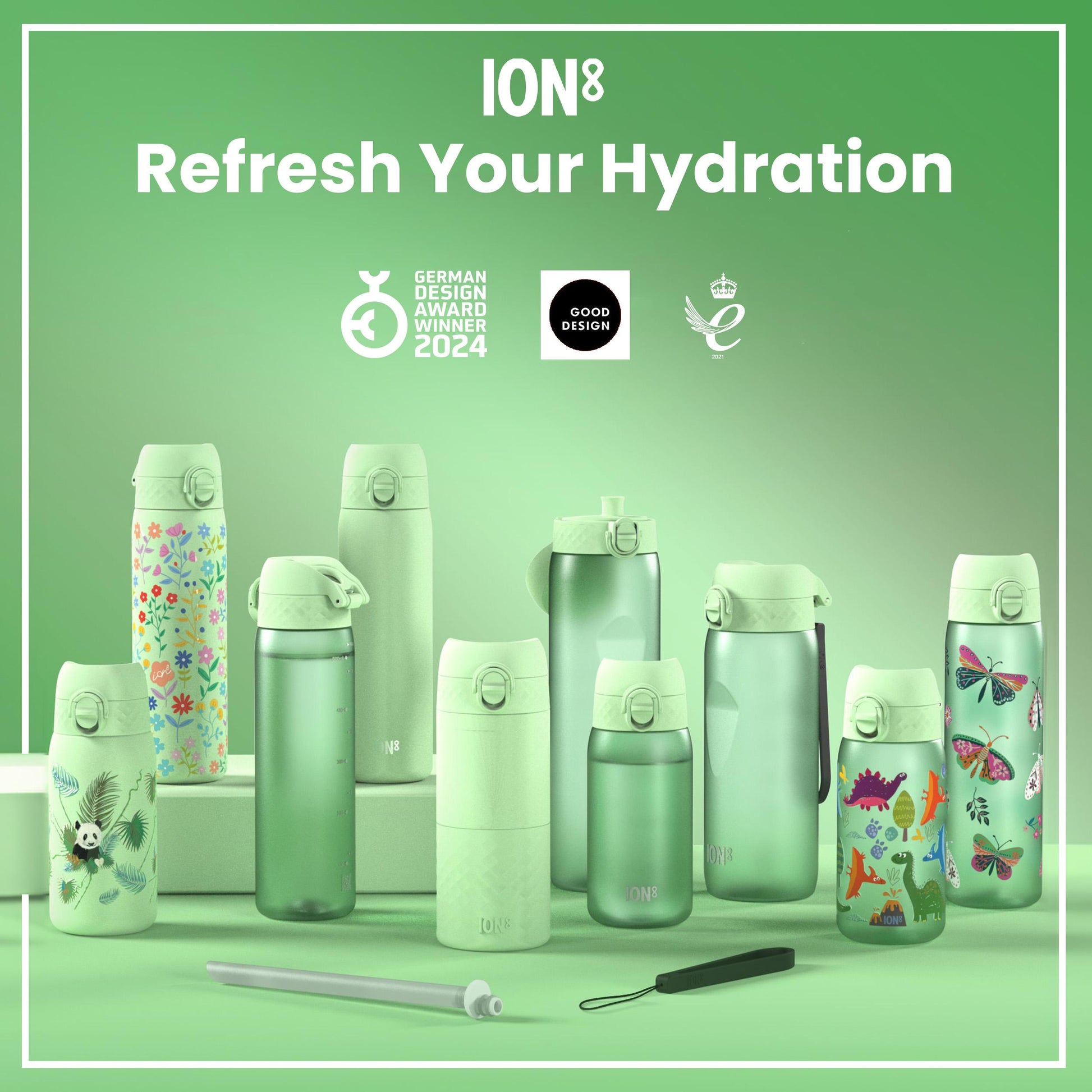 Collection of green hydration bottles with floral designs on a green background, featuring the ION8 brand.