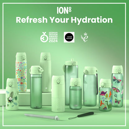 Collection of green hydration bottles with floral designs on a green background, featuring the ION8 brand.