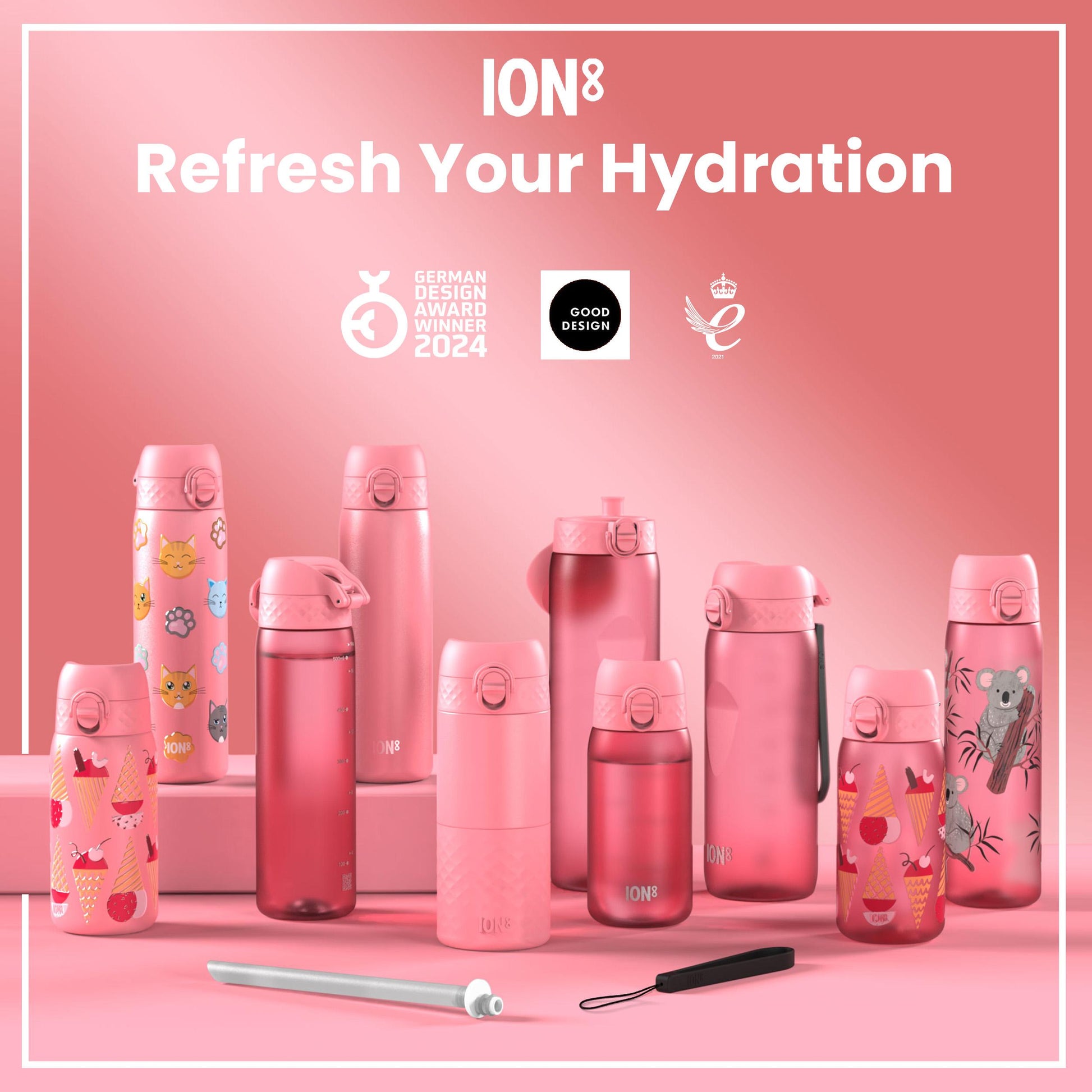 Collection of pink hydration bottles with various designs on a pink background, featuring the ION8 brand.