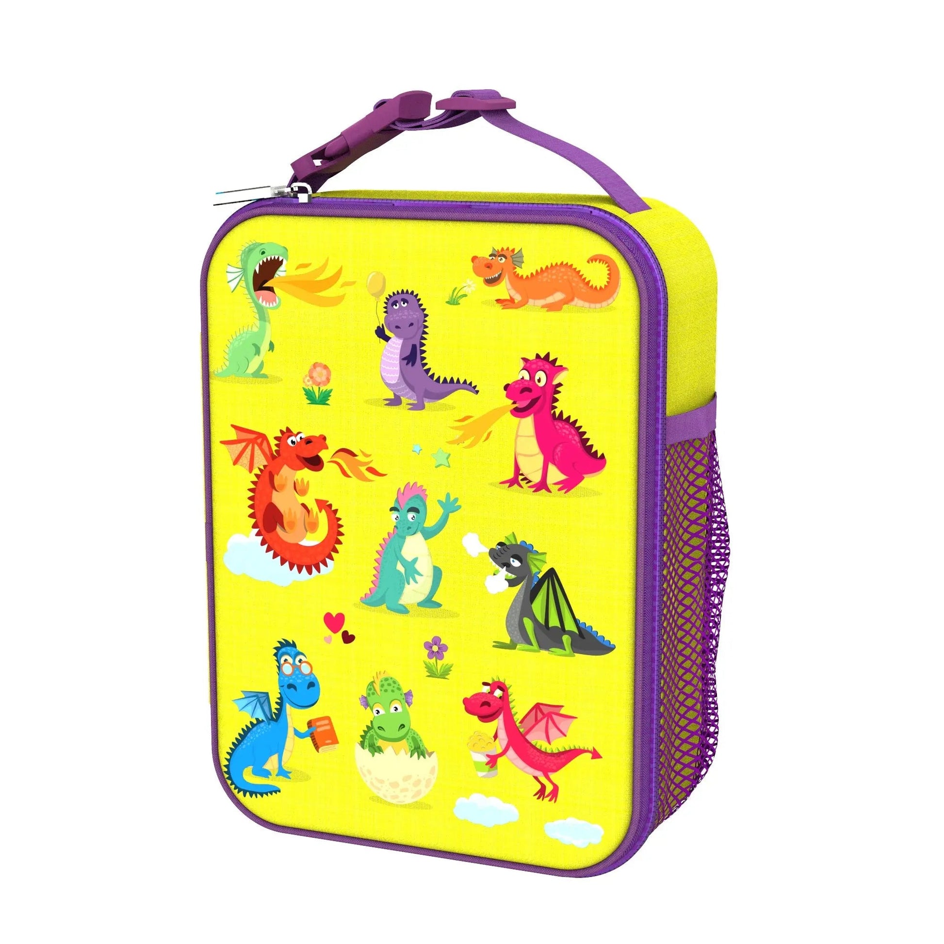 Yellow rectangular pouch with colorful dragon illustrations on a white background